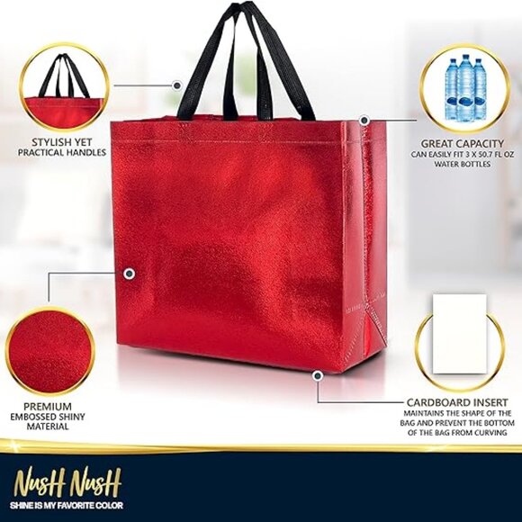 Red Gift Bags Large Size – Set of 12 Shiny Red Reusable Gift Bags With Handles - Picture 3 of 3